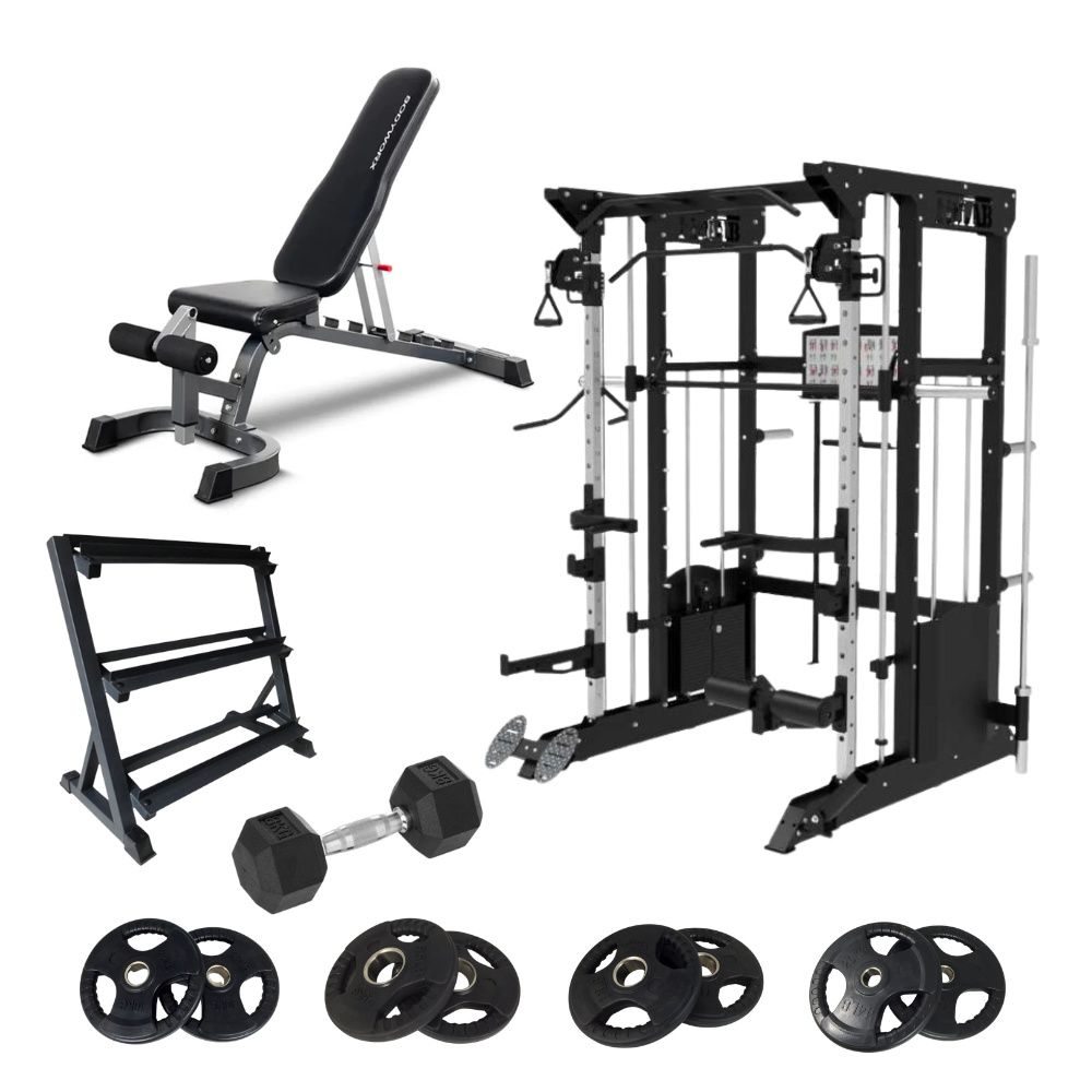 Home Gym Package including an adjustable weight bench, cable machine, smith machine , dumbbell, weight storage rack, power rack with FitLab weight plates