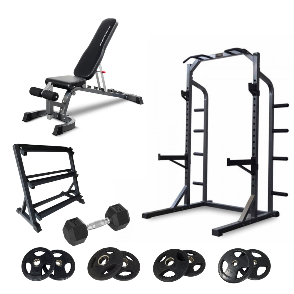 Home Gym Package including an adjustable weight bench, smith machine , dumbbell, weight storage rack, air exercise cycling bike, squat rack with FitLab weight plates