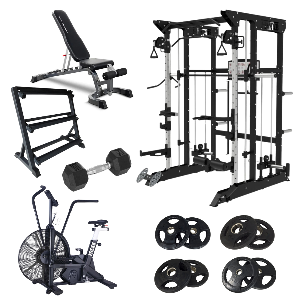 Home Gym Package including an adjustable weight bench, cable machine, smith machine , dumbbell, weight storage rack, air exercise cycling bike, power rack with FitLab weight plates