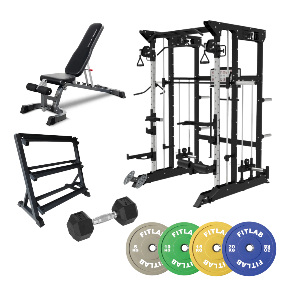 Home Gym Package including an adjustable weight bench, cable machine, smith machine , dumbbell, power rack with FitLab color weight plates