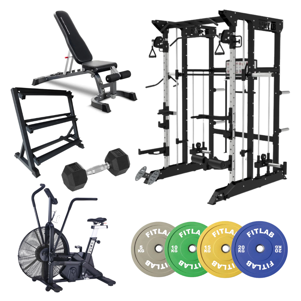 Gym equipment Home Gym Package including an adjustable weight bench, cable machine, smith machine, dumbbell, weight storage rack, air exercise cycling bike, power rack with FitLab color weight plates