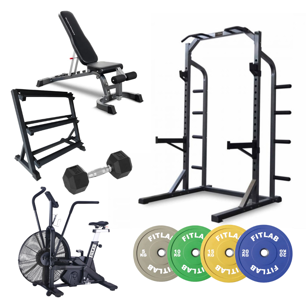 Gym equipment Home Gym Package including an adjustable weight bench, smith machine , dumbbell, weight storage rack, stationary exercise cycling bike, power rack with FitLab color weight plates