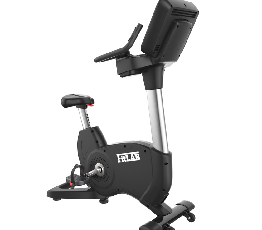 Black spin workout bicycle exercise bike with digital display on a white background