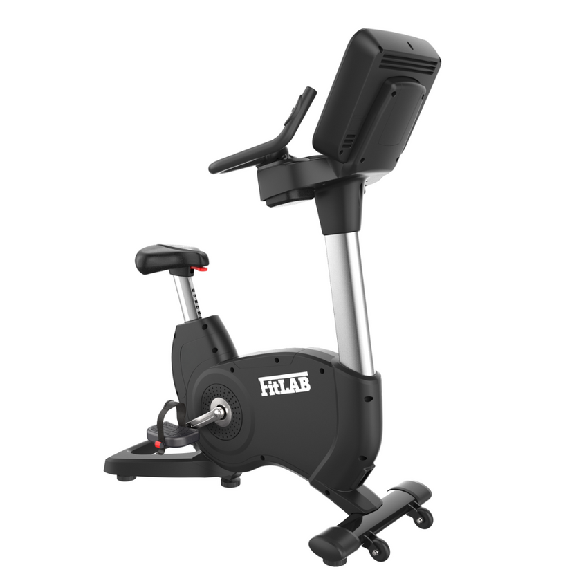 Black spin workout bicycle exercise bike with digital display on a white background