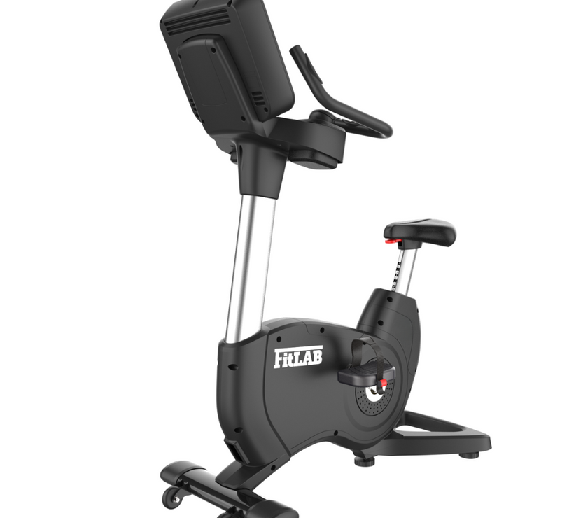 Black spin workout bicycle exercise bike with digital display on a white background
