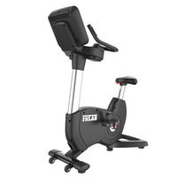 Black spin workout bicycle exercise bike with digital display on a white background