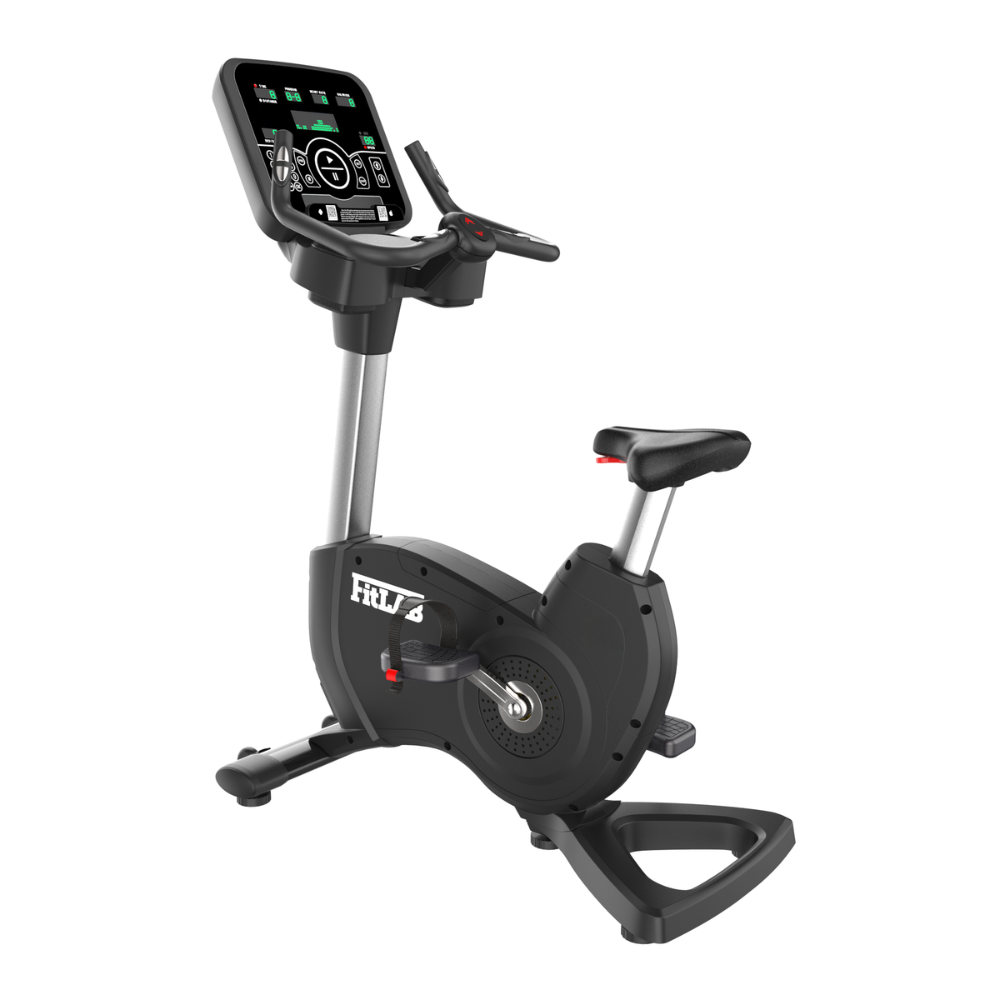 Black spin workout bicycle exercise bike with digital display on a white background
