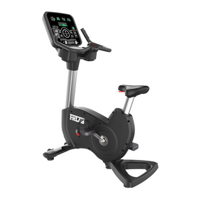 Black spin workout bicycle exercise bike with digital display on a white background