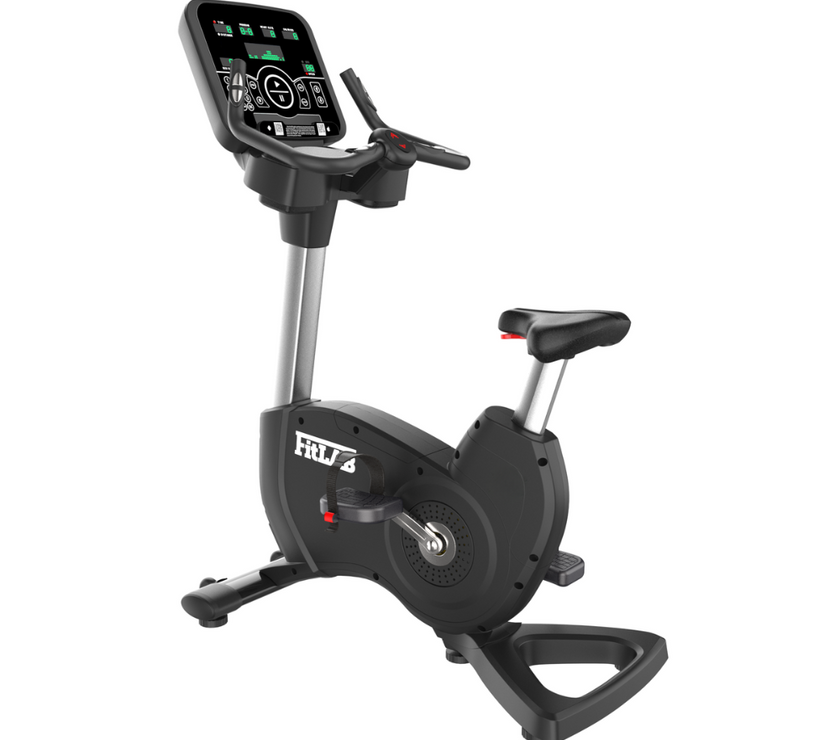 Black spin workout bicycle exercise bike with digital display on a white background