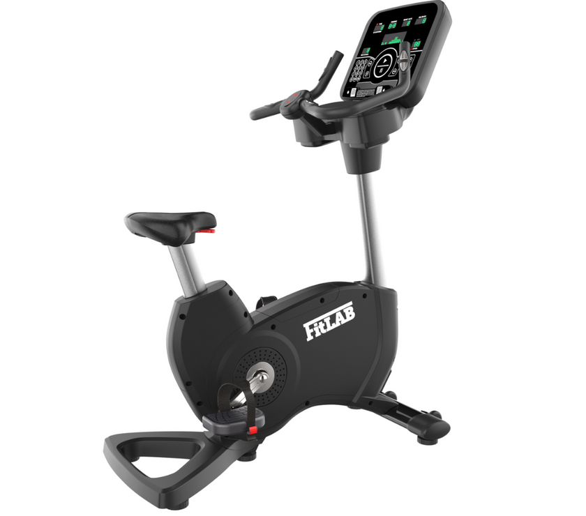 Black spin workout bicycle exercise bike with digital display on a white background