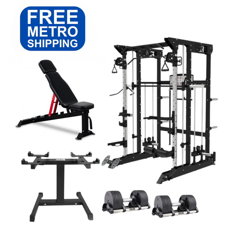 Gym equipment Home gym Package including a weight bench, power rack, smith machine, weight storage rack, and adjustable dumbbells with 'FREE Brisbane SHIPPING' .