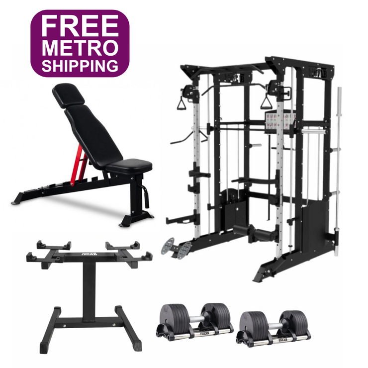 Gym equipment Home gym Package including a weight bench, power rack, smith machine, weight storage rack, adjustable dumbbells with 'FREE Brisbane SHIPPING' .