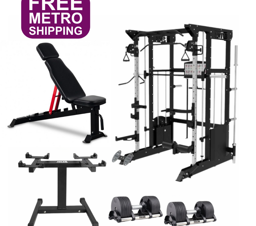 Gym equipment Home gym Package including a weight bench, power rack, smith machine, weight storage rack, adjustable dumbbells with 'FREE Brisbane SHIPPING' .
