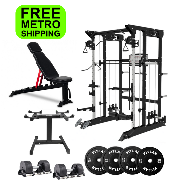 Gym equipment Home gym Package including adjustable weight bench, power rack, smith machine, weight storage rack, adjustable dumbbell set and weight plates with 'FREE Brisbane SHIPPING' .