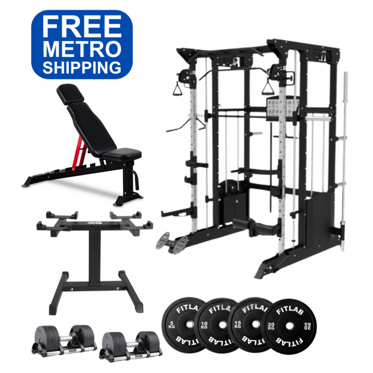 Gym equipment Home gym Package including a weight bench, power rack, smith machine, weight storage rack, adjustable dumbbells and weight plates with 'FREE Brisbane SHIPPING' .