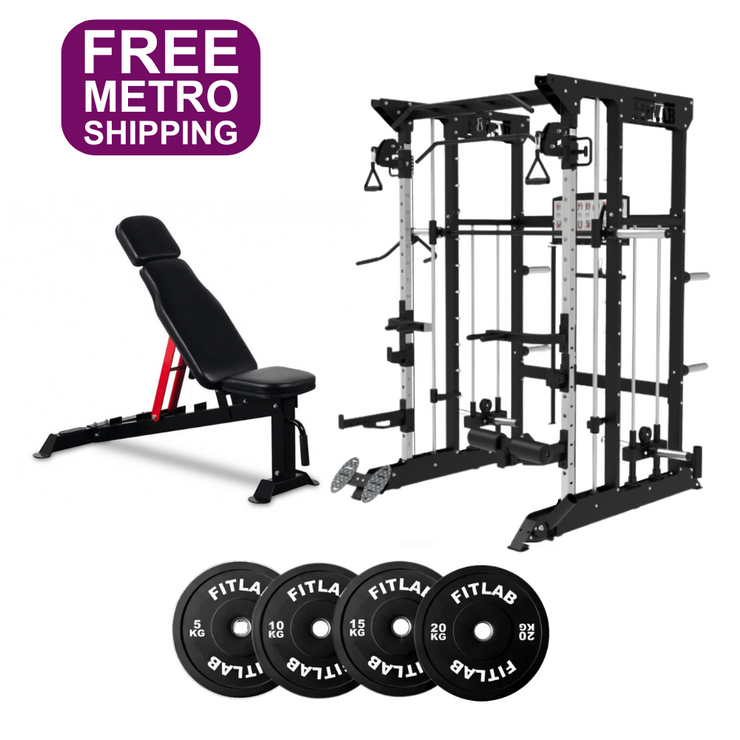 Gym equipment Home Gym Package of cable machine, including an adjustable weight bench, smith machine , power rack with FitLab weight plates 