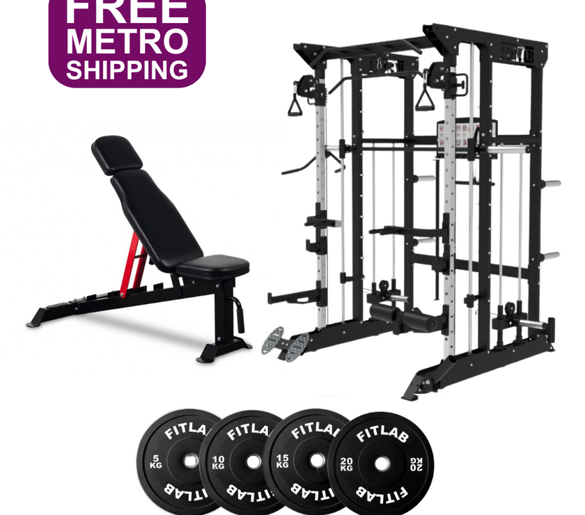 Gym equipment Home Gym Package of cable machine, including an adjustable weight bench, smith machine , power rack with FitLab weight plates 
