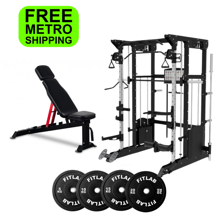 Gym equipment Home Gym Package of cable machine, including an adjustable weight gym bench, smith machine and power rack with FitLab weight plates 