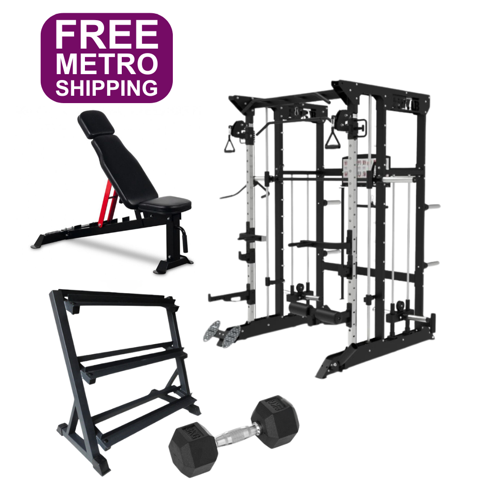 Set of gym equipment including a bench, smith machine, weight storage rack and dumbbells with free shipping .