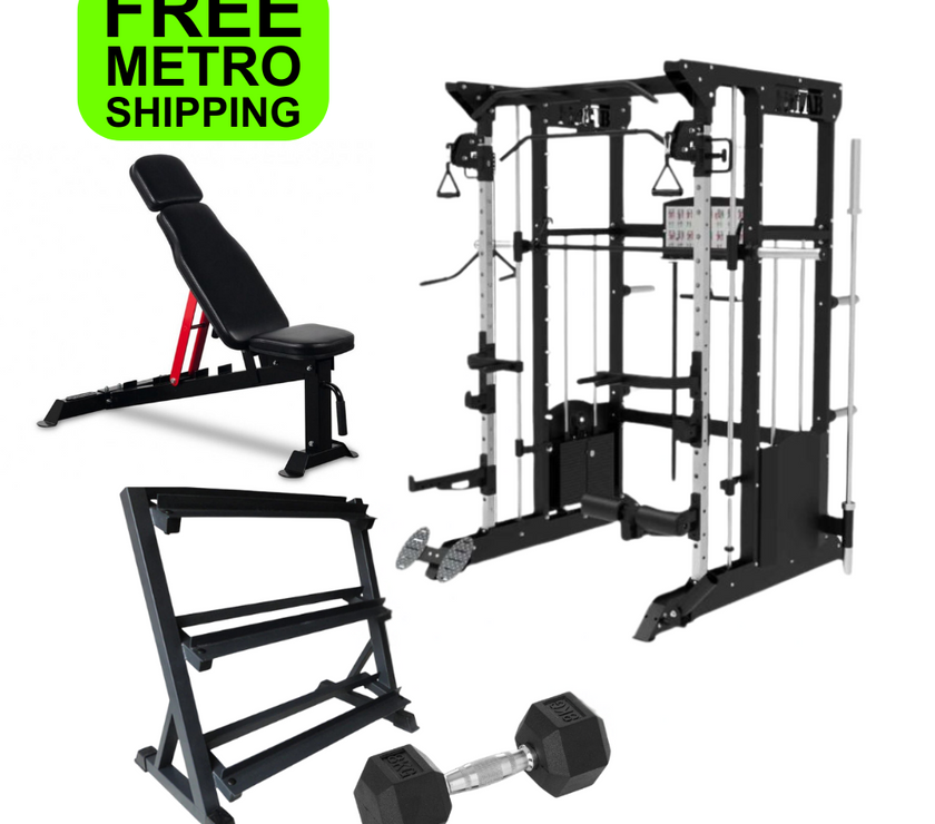Gym equipment set including a bench, weight rack, and dumbbells with free shipping Brisbane.