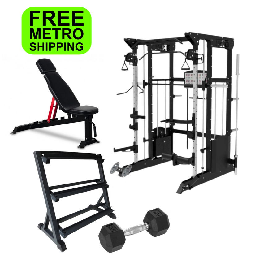 Gym equipment set including a bench, weight rack, and dumbbells with free shipping Brisbane.