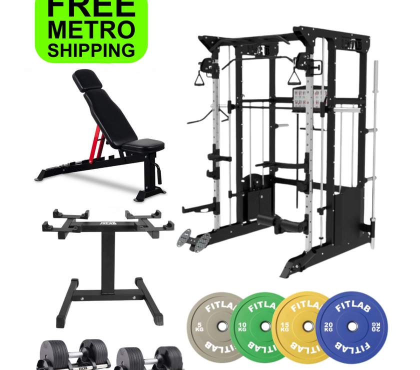 Gym equipment Home gym Bundle including a weight bench, power rack, smith machine, adjustable dumbbells and weight plates on a white background with 'FREE METRO SHIPPING' text.