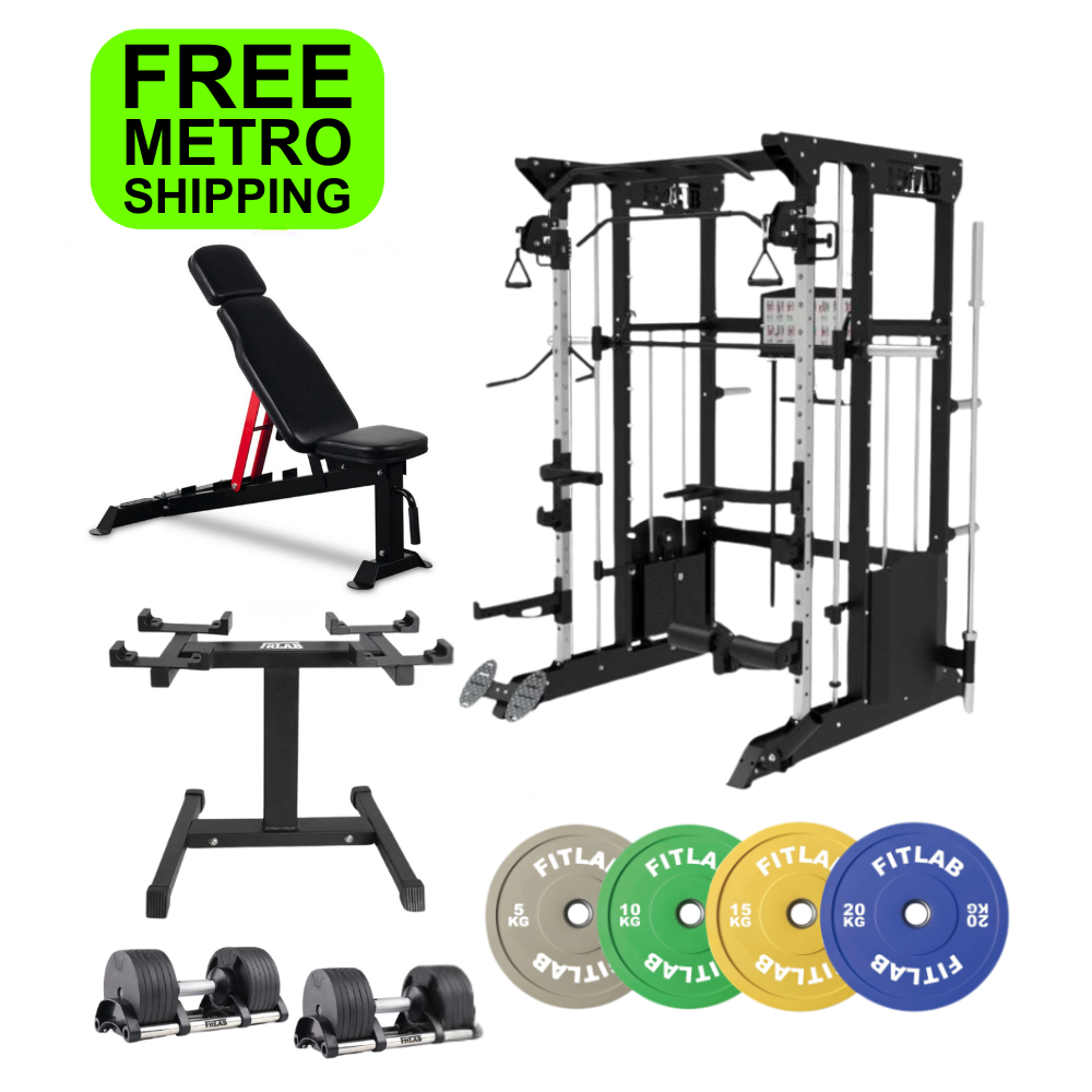 Gym equipment Home gym Bundle including a weight bench, power rack, smith machine, adjustable dumbbells and weight plates on a white background with 'FREE METRO SHIPPING' text.