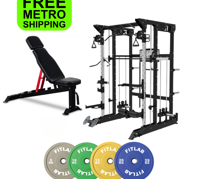 Gym equipment Home gym Package including a weight bench, power rack, smith machine,  and weight plates on a white background with 'FREE METRO SHIPPING' .