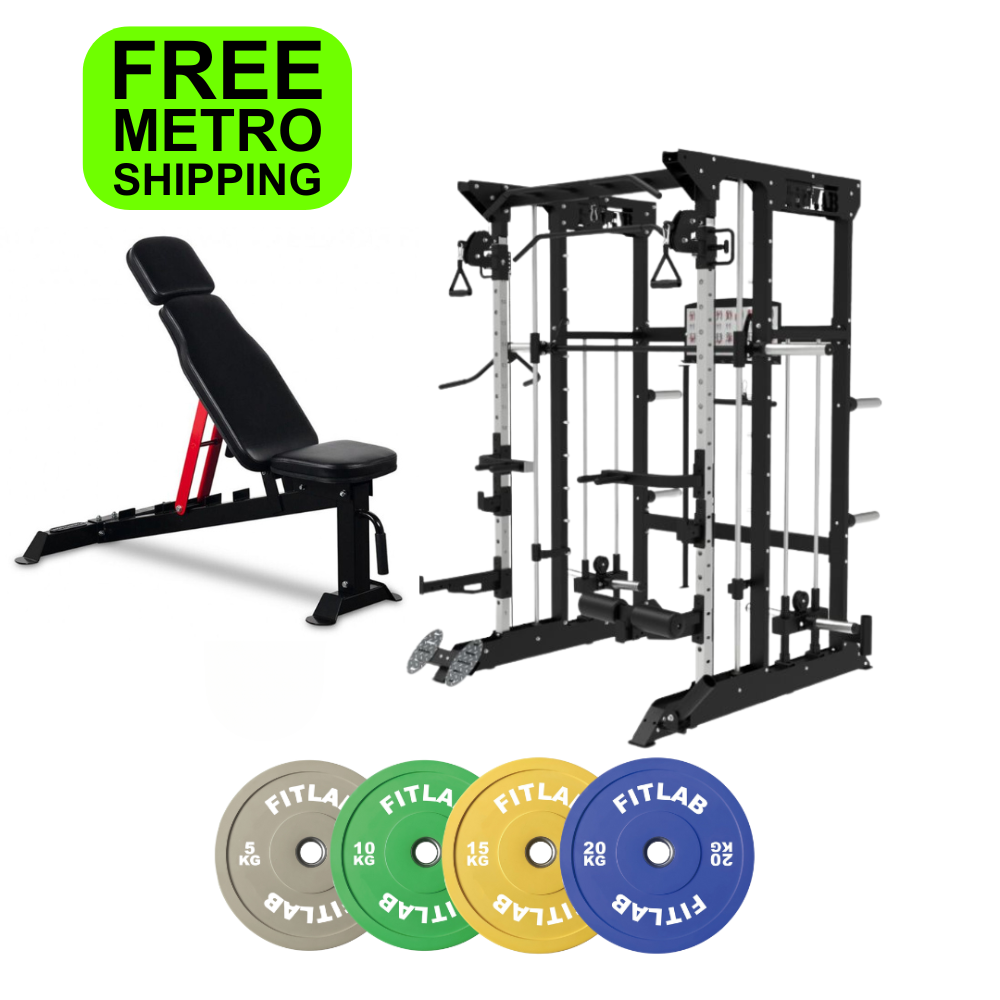 Gym equipment Home gym Package including a weight bench, power rack, smith machine,  and weight plates on a white background with 'FREE METRO SHIPPING' .
