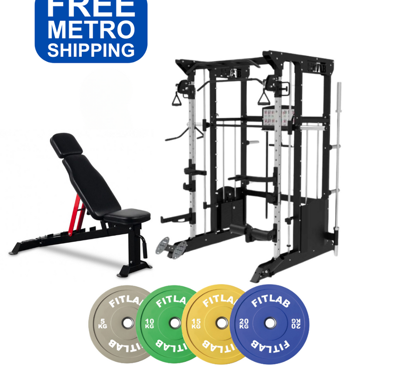 Gym equipment Home gym Package including a weight bench, power rack, smith machine,  and weight plates on a white background with 'FREE METRO SHIPPING' text.
