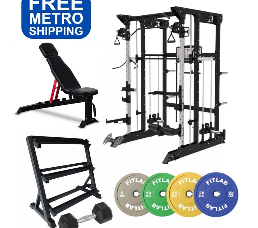  fitness equipment including a weight bench, power rack, dumbbells, and weight plates with free shipping
