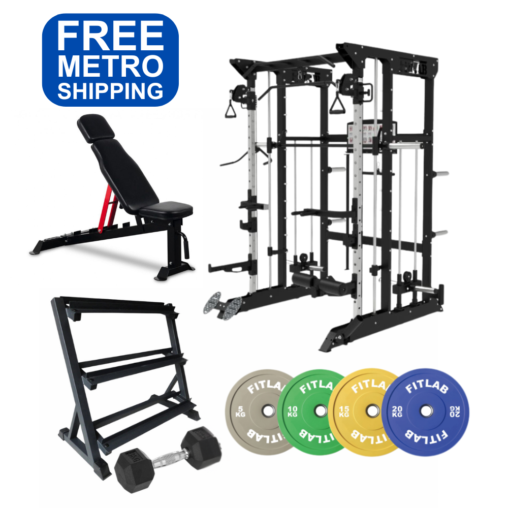  fitness equipment including a weight bench, power rack, dumbbells, and weight plates with free shipping