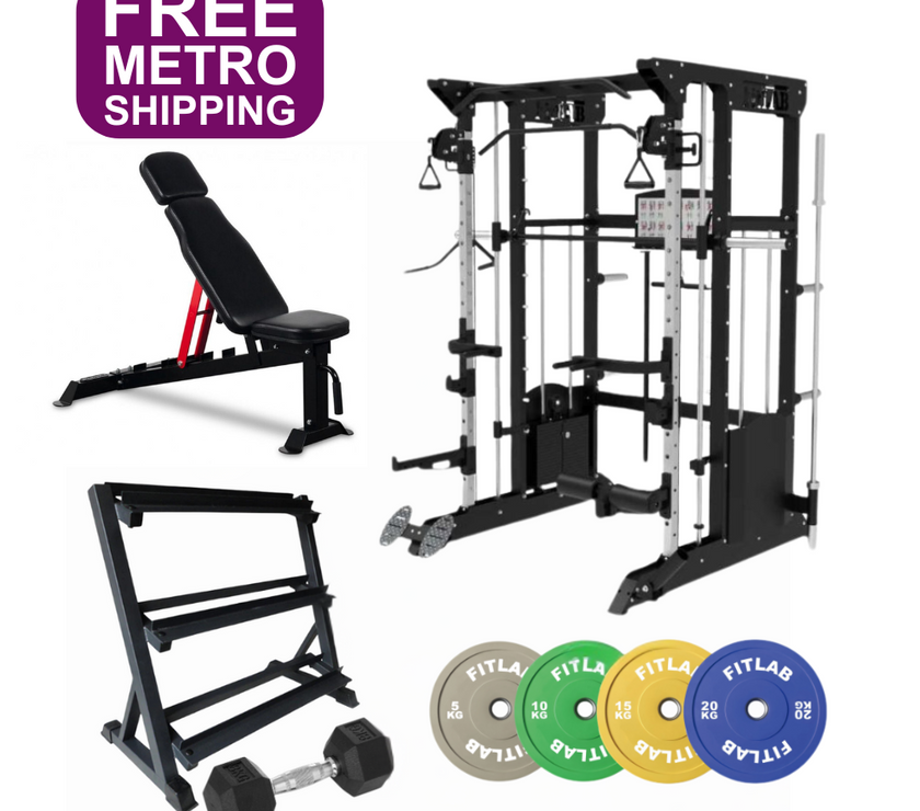 Gym equipment set including a power rack, bench, weight plates, and dumbbells with 'Free Metro Shipping' sign.