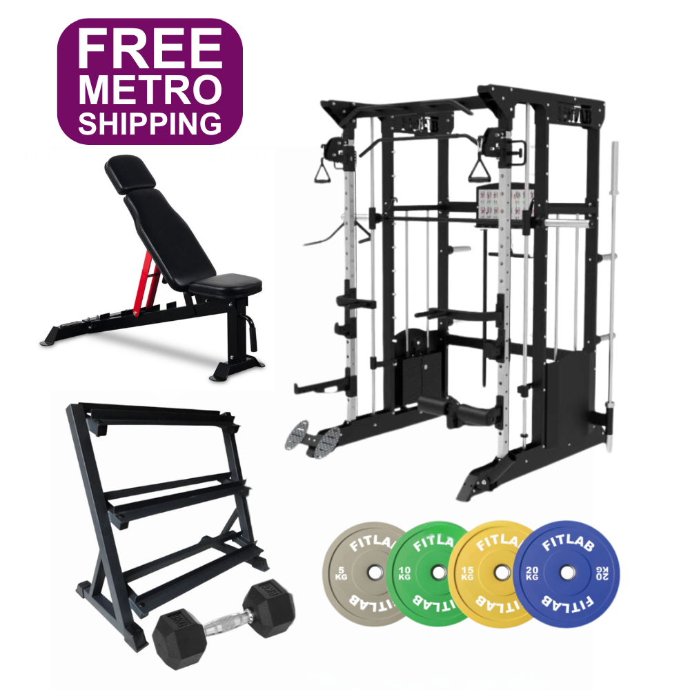 Gym equipment set including a power rack, bench, weight plates, and dumbbells with 'Free Metro Shipping' sign.