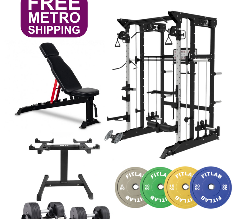 Gym equipment Home gym Bundle including adjustable weight bench, power rack, smith machine, adjustable dumbbells and weight plates on a white background with 'FREE METRO SHIPPING' text.