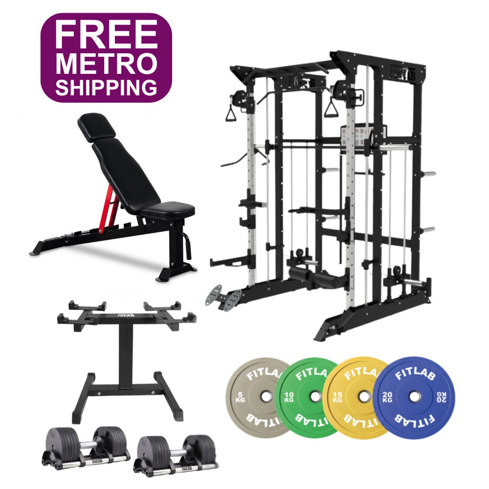 Gym equipment Home gym Bundle including adjustable weight bench, power rack, smith machine, adjustable dumbbells and weight plates on a white background with 'FREE METRO SHIPPING' text.