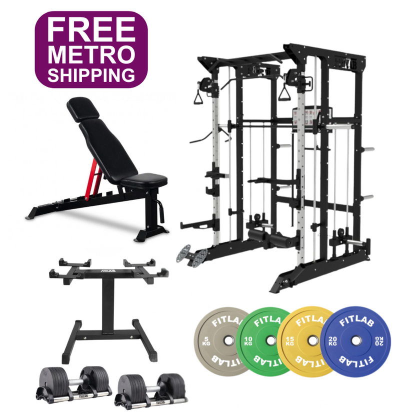 Gym equipment Home gym Bundle including adjustable weight bench, power rack, smith machine, adjustable dumbbells and weight plates on a white background with 'FREE METRO SHIPPING' text.