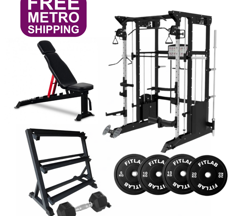 Gym equipment Home gym Package including a weight bench, power rack, smith machine, weight storage rack, fixed dumbbell and weight plates on a white background with 'FREE METRO SHIPPING' .