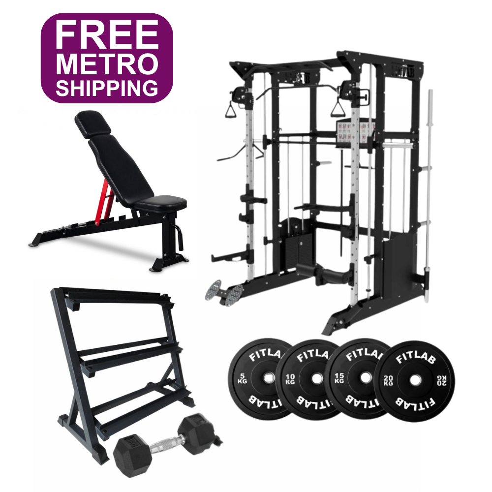 Gym equipment Home gym Package including a weight bench, power rack, smith machine, weight storage rack, fixed dumbbell and weight plates on a white background with 'FREE METRO SHIPPING' .