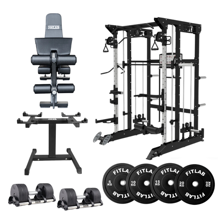 Bring the Gym Home - Ultimate Versatility (FX100 + Adjustable Bench + Adjustable Dumbbells + Black Weight Plates)