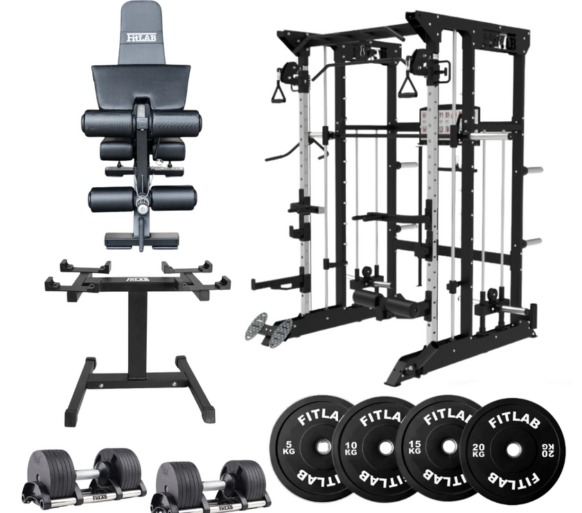 Bring the Gym Home - Ultimate Versatility (FX100 + Adjustable Bench + Adjustable Dumbbells + Black Weight Plates)