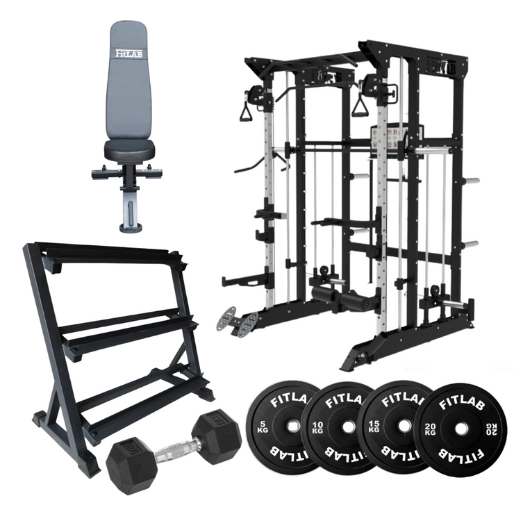 Bring the Gym Home - Essential Lifting Combo (FX100 + Commercial Bench + Dumbbells + Black Weight Plates)