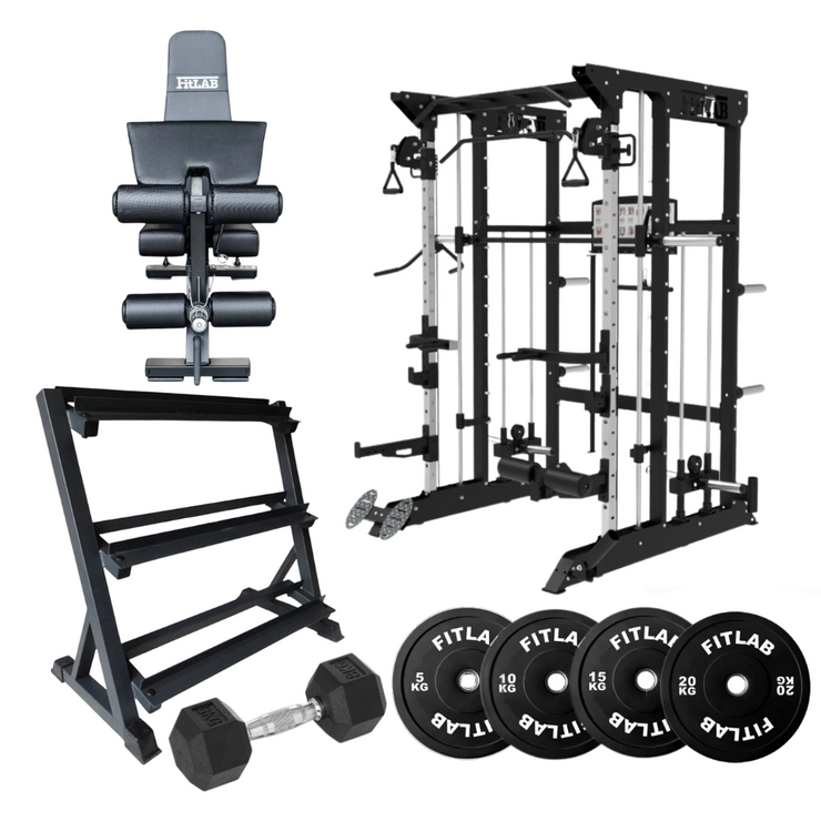 Bring the Gym Home - Flexible Lifting Station (FX100 + Adjustable Bench + Dumbbells + Black Weight Plates)