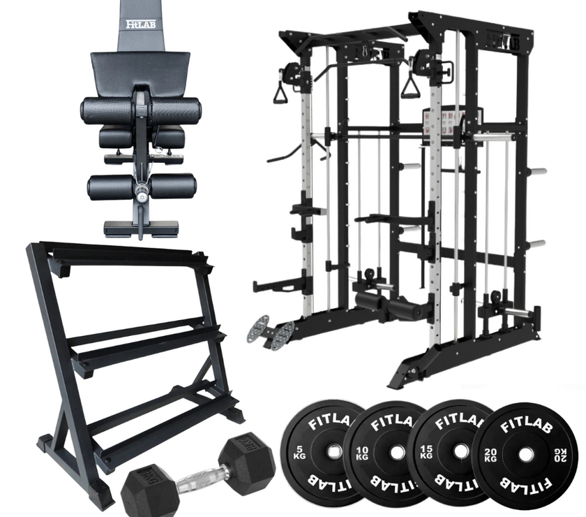 Bring the Gym Home - Flexible Lifting Station (FX100 + Adjustable Bench + Dumbbells + Black Weight Plates)