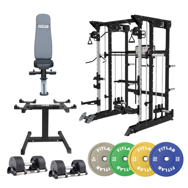 Bring the Gym Home - The Colour Powerhouse (FX100 + Commercial Bench + Adjustable Dumbbells + Coloured Weight Plates)