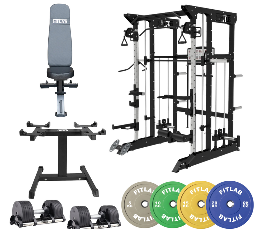 Bring the Gym Home - The Colour Powerhouse (FX100 + Commercial Bench + Adjustable Dumbbells + Coloured Weight Plates)