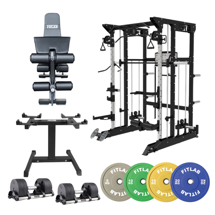 Bring the Gym Home - Ultimate Colour Versatility (FX100 + Adjustable Bench + Adjustable Dumbbells + Coloured Weight Plates)