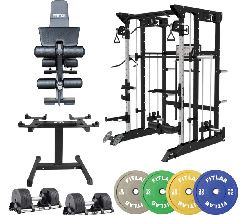 Bring the Gym Home - Ultimate Colour Versatility (FX100 + Adjustable Bench + Adjustable Dumbbells + Coloured Weight Plates)
