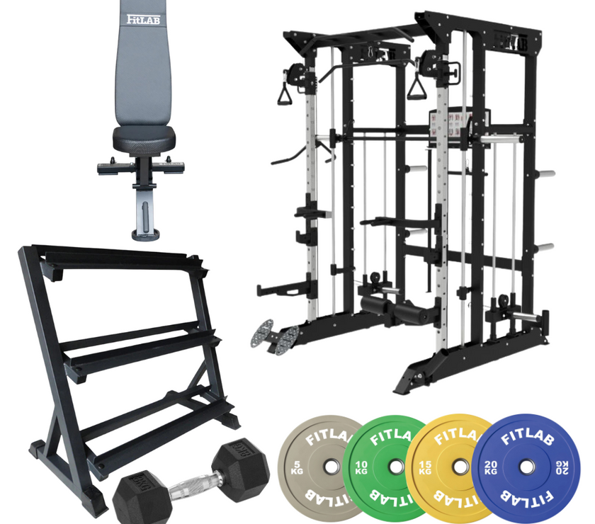 Bring the Gym Home - Colour Essential Lift (FX100 + Commercial Bench + Dumbbells + Coloured Weight Plates)