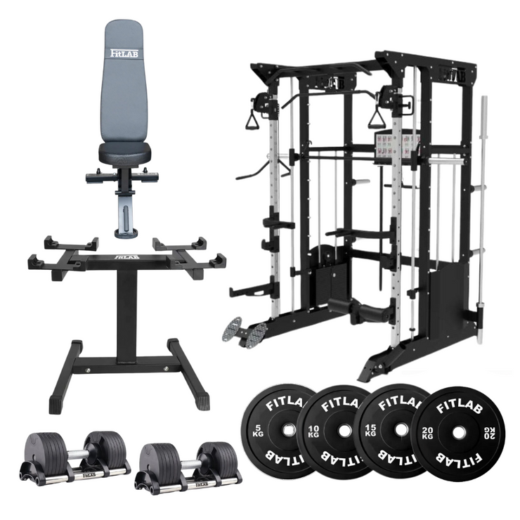 Bring the Gym Home - The Power Trio (FX200 + Commercial Bench + Adjustable Dumbbells + Black Weight Plates)
